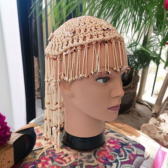 Vtg 70s Macrame Crown Headpiece Cowrie Shell Flapper Seashell Bohemian Cleopatra main image 7